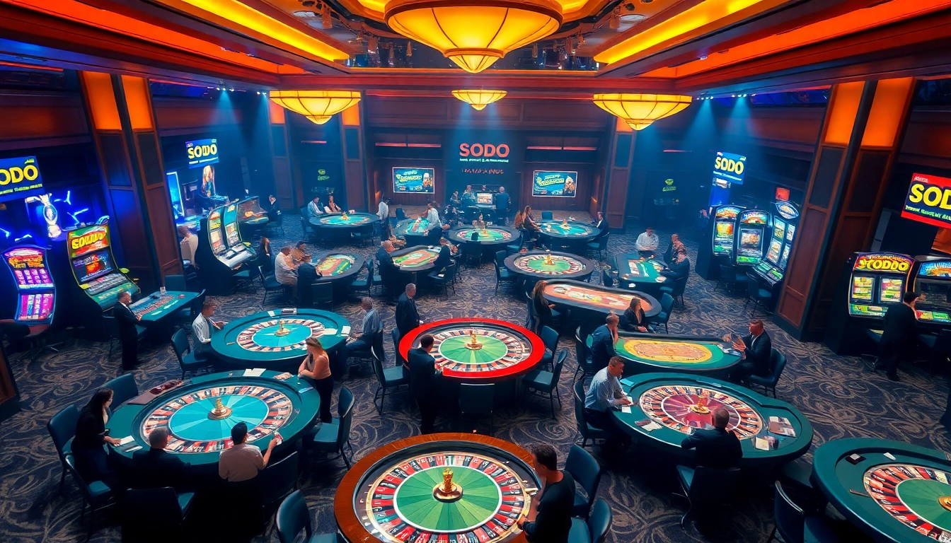SODO-themed casino interior featuring roulette and poker games, illuminated ambience, and excited gamblers.