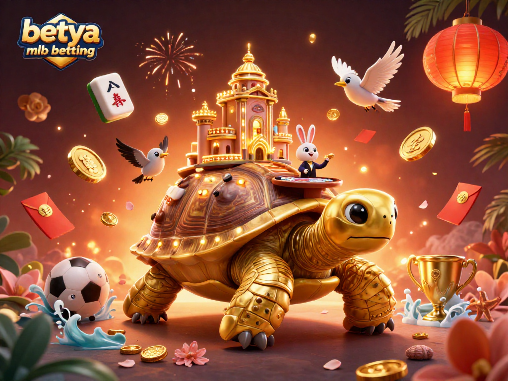 Engage in betya mlb betting excitement with a colorful 3D scene of a tortoise casino and a rabbit dealer.
