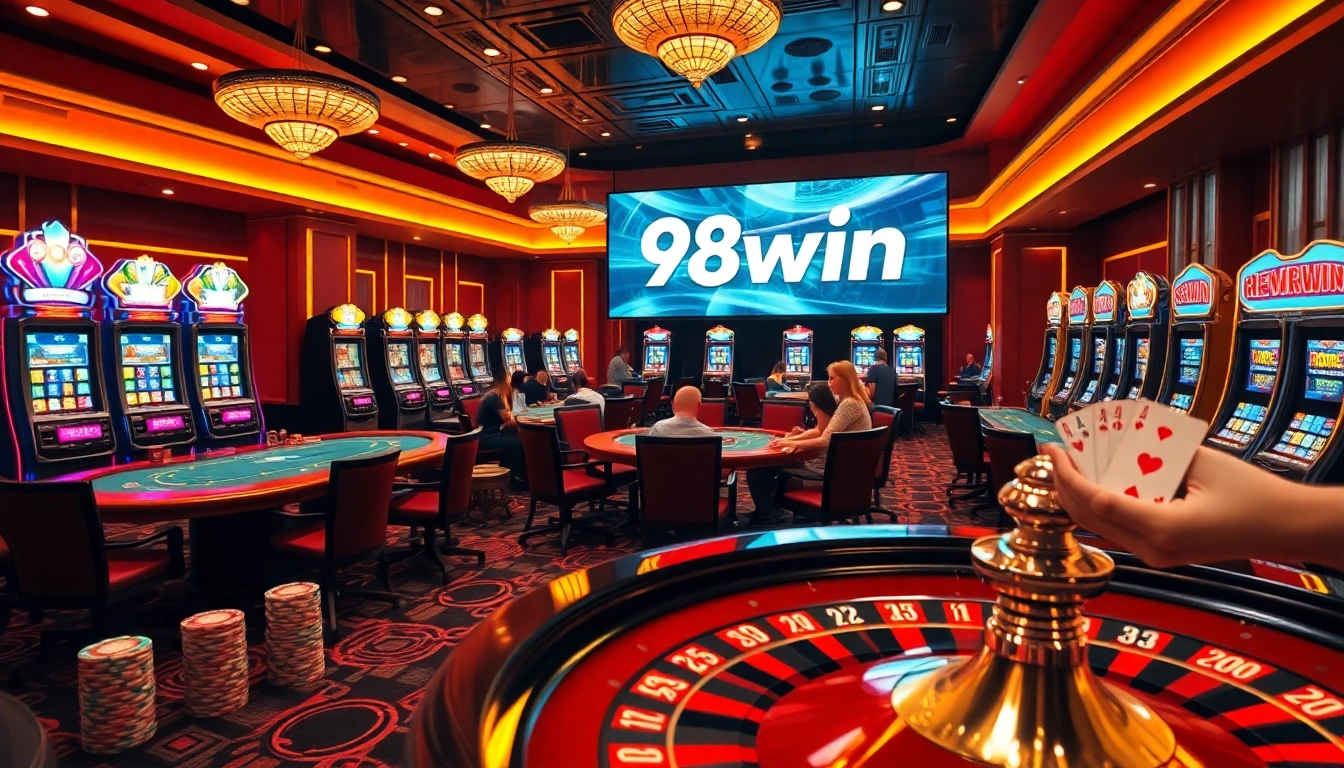 High-energy casino scene with poker tables and vibrant 98win slot machines.
