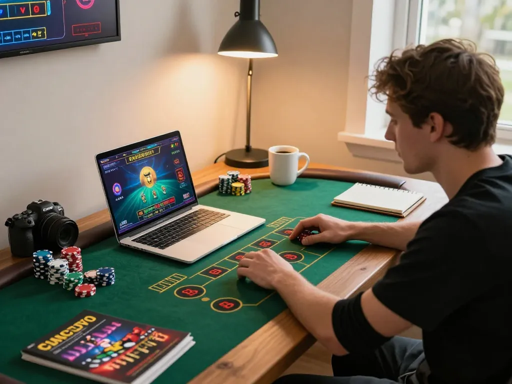 Engaged player using laptop for cm88 online gaming strategy at home, showcasing excitement and strategy.