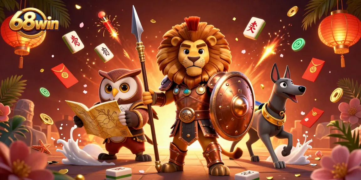 Engage with 68win's vibrant casino scene featuring a Spartan lion, wise owl, and swift greyhound amidst rich gaming elements.
