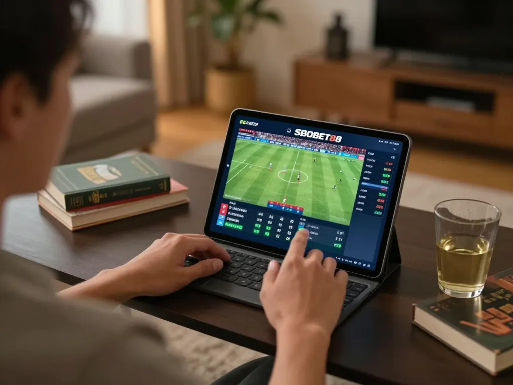 SBOBET88 sports betting in a cozy home, person engaging with tablet displaying live odds and match results.