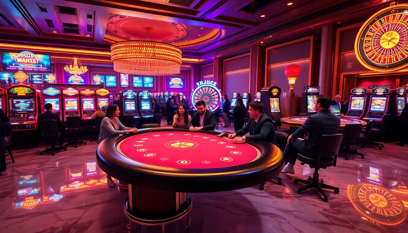 PEN4D gaming experience showcasing a luxurious casino with vibrant slot machines and a poker table.