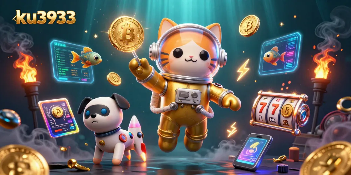 Experience the vibrant universe of ku3933 with a space cat and robot dog amidst glowing crypto elements.