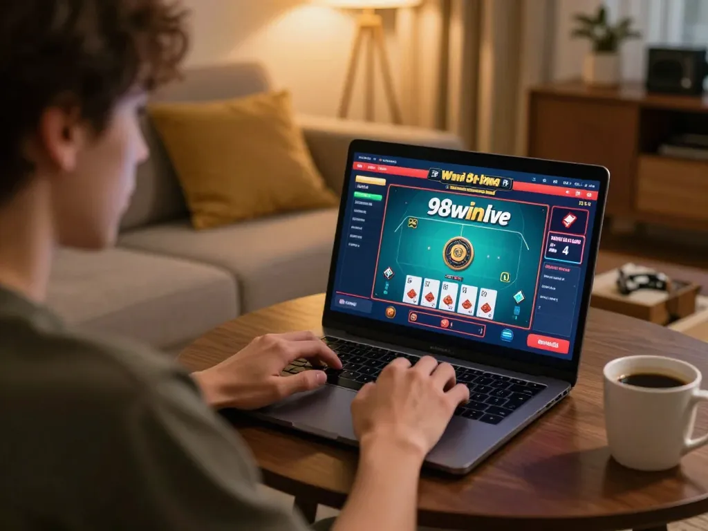 Player engaging in live casino action on 98winlive from a cozy home setup, highlighting modern online gaming