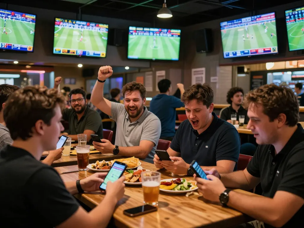 SUNWIN users engaging in live sports betting at a vibrant bar, cheering with screens displaying matches.