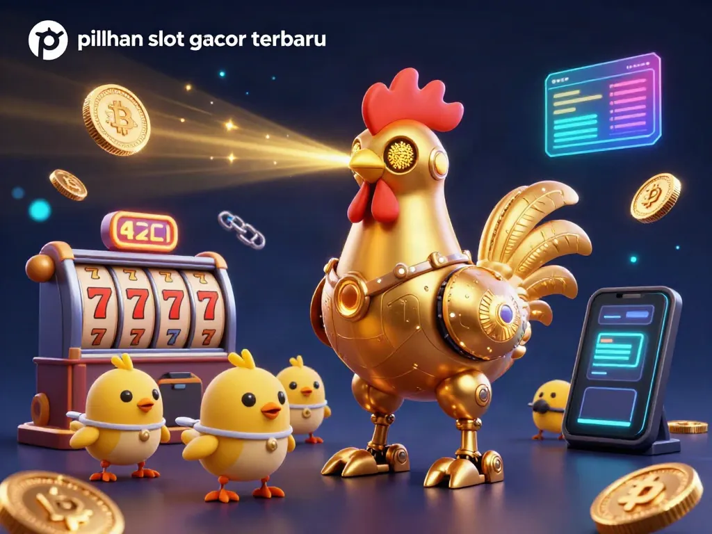 Slot gacor terbaru sambil merayakan kemenangan dengan simbol slot, roket ayam, dan koin kripto.