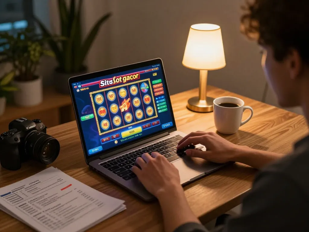 Engaging in situs slot gacor on a laptop with a warm cozy atmosphere and gaming strategies.