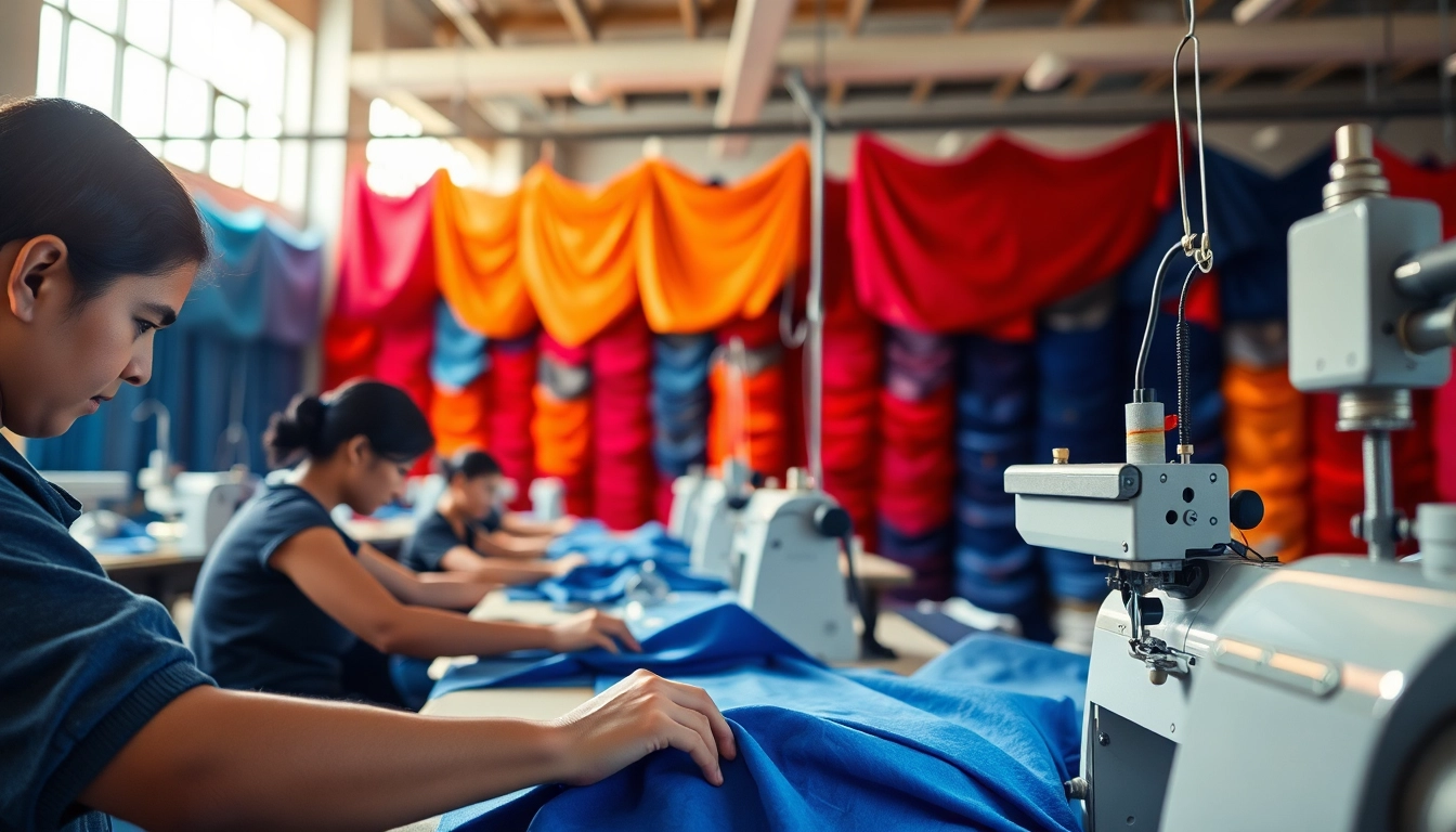 Employees operating high-tech machines in a Clothes Factory China, showcasing vibrant textiles.