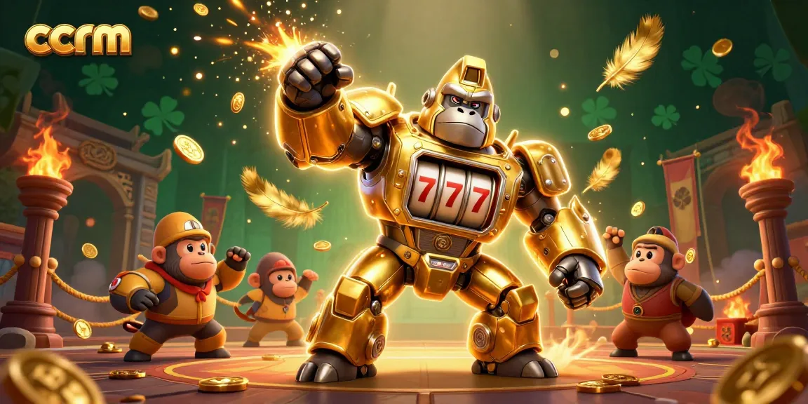 ccrm illustrates a dynamic scene of a golden gorilla mech along with casino symbols, ready for action.