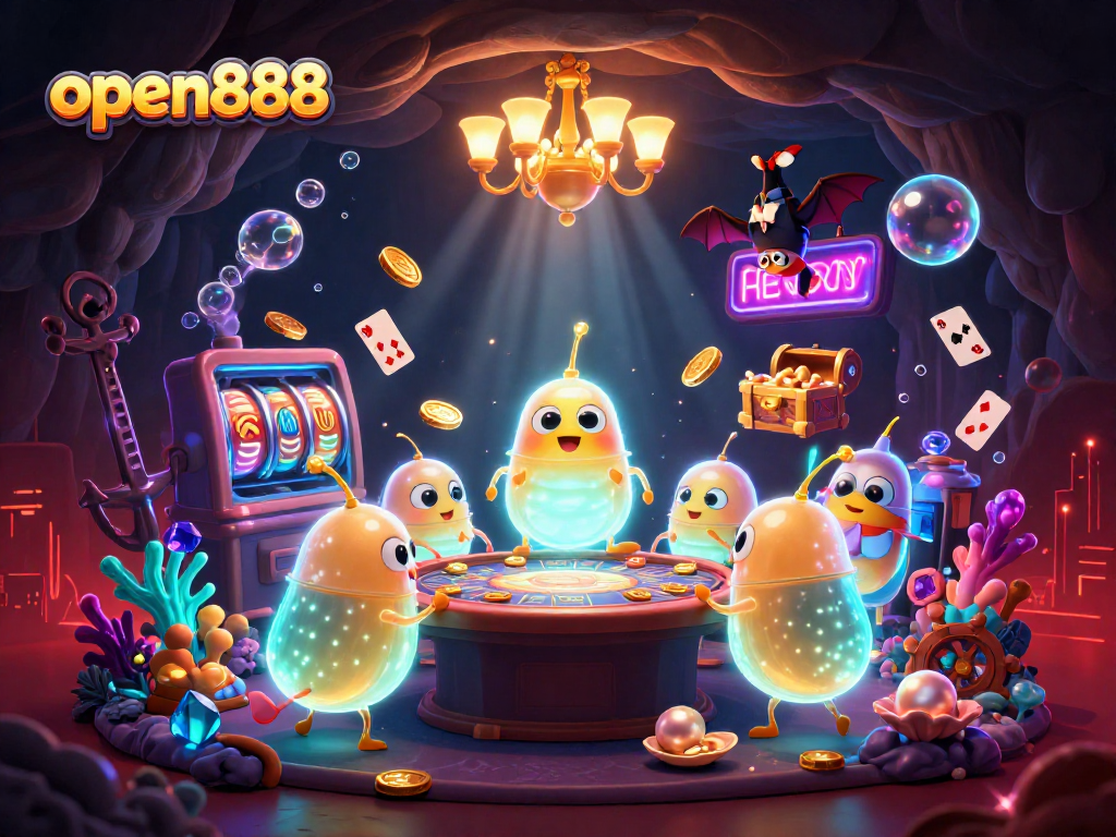 Experience vibrant games with open888 at a bright underwater casino adorned by glowing characters and rich elements.