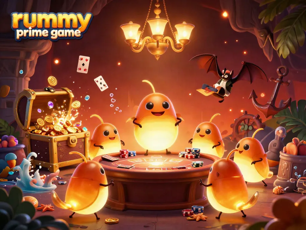Engage in the rummy prime game with glowing characters lighting up a vibrant cave casino scene.