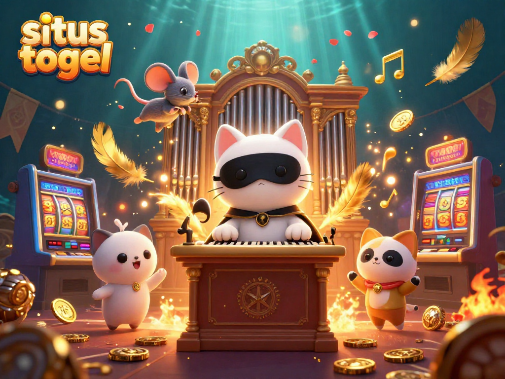 Experience thrilling gameplay at situs togel with a lively scene of a joyful cat and acrobat in a casino setting.