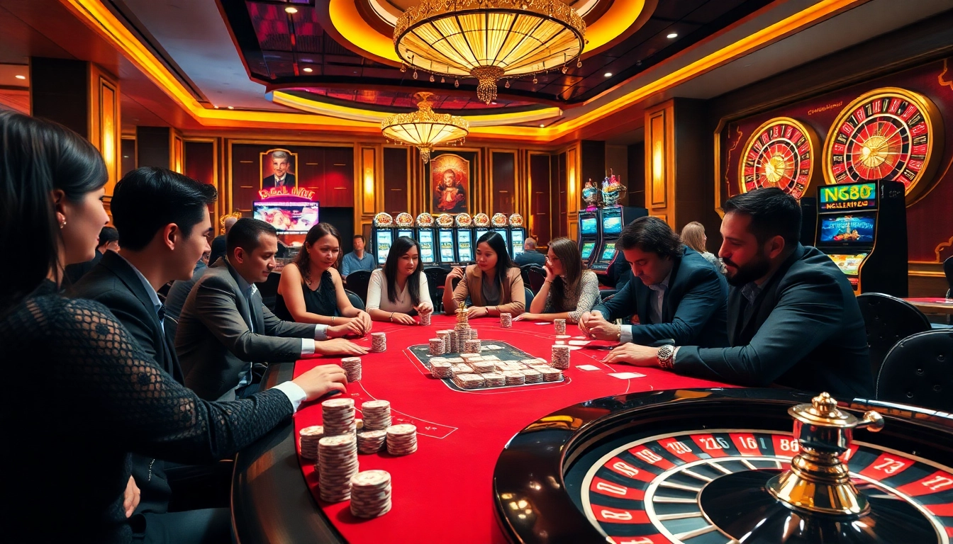 Exciting gambling scene with poker and slot games showcasing nk88's vibrant casino atmosphere.