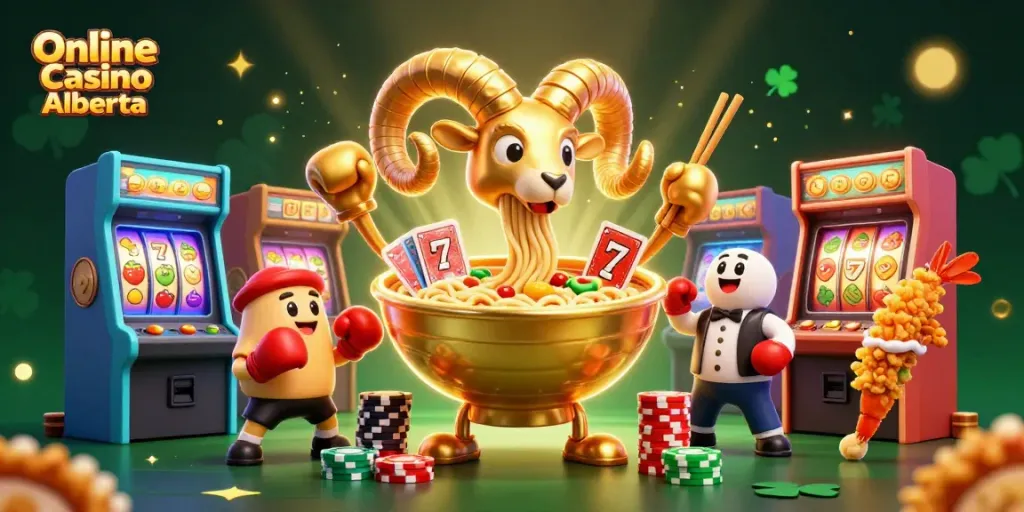 Engage with Online Casino Alberta through a vibrant scene of gambling characters and game elements.
