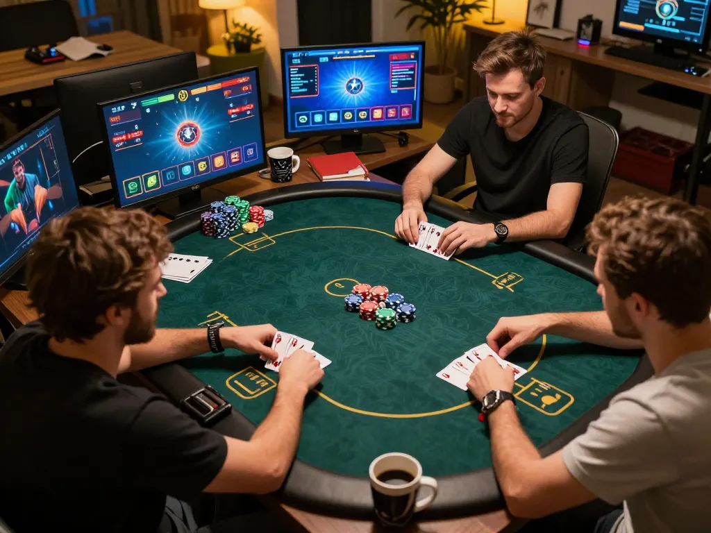 BL555 players strategizing and competing during an online poker game at home with vibrant digital interface.