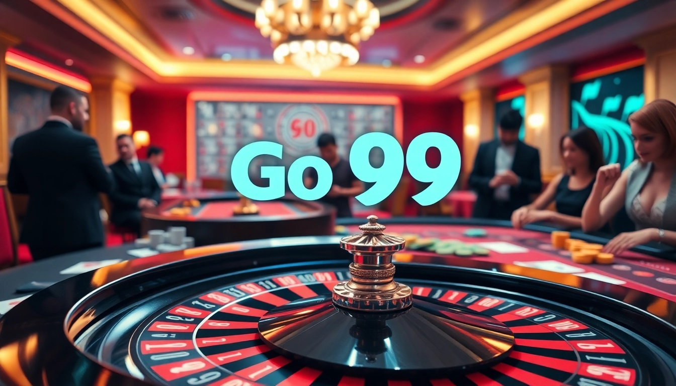 Players enjoying a thrilling game at Go 99 casino table with vibrant chips and cards.