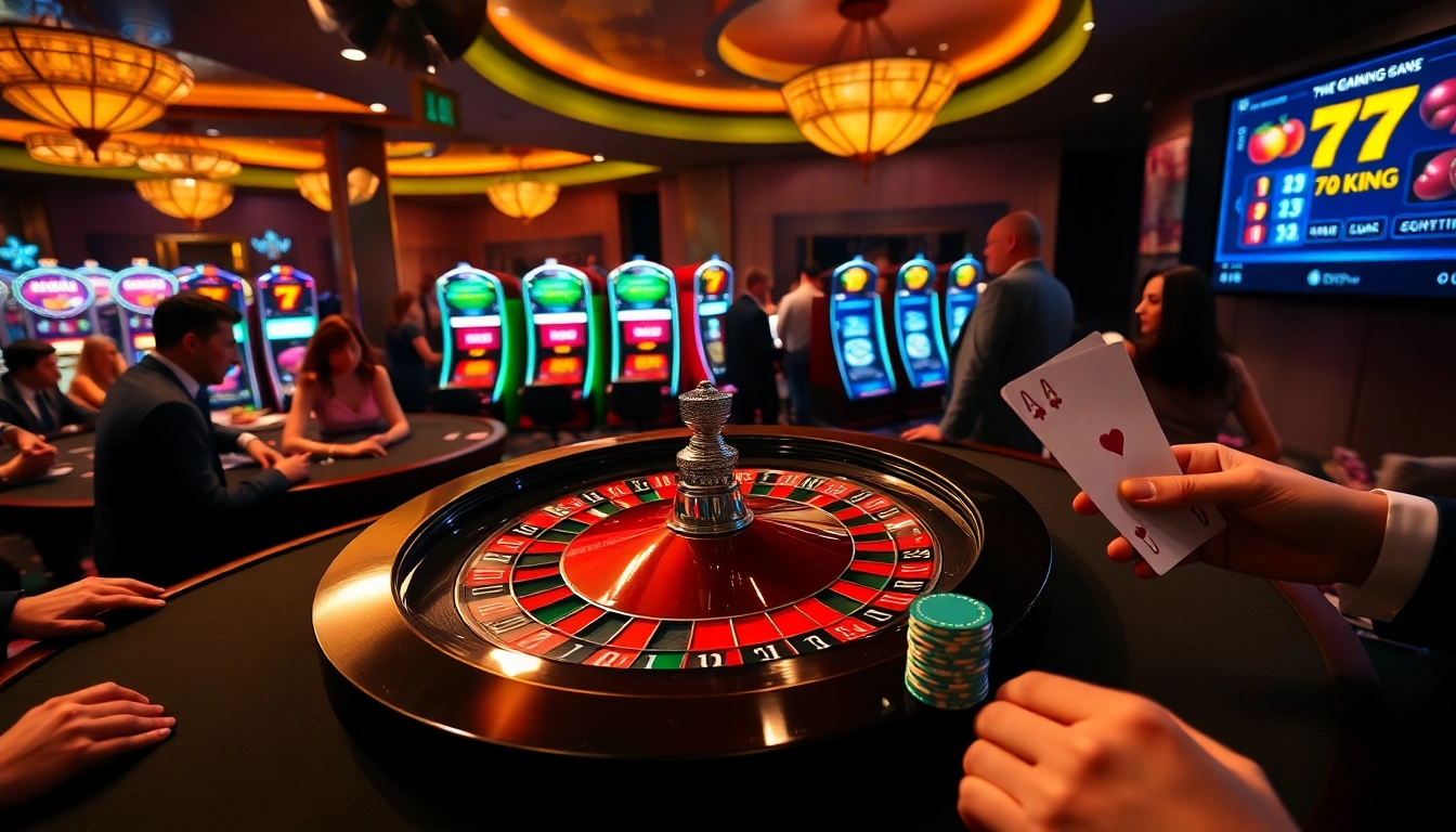 Exciting casino scene showcasing 79king roulette table with glamorous gamblers.