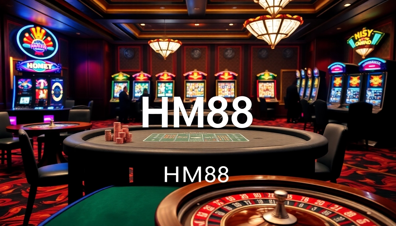 Players enjoying a game at HM88 poker table in a vibrant casino atmosphere.