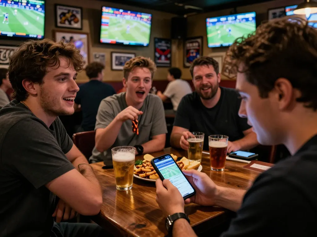 Exciting sports betting action capturing ty le keo nha cai on smartphone during a game, friends engaged in betting discussions