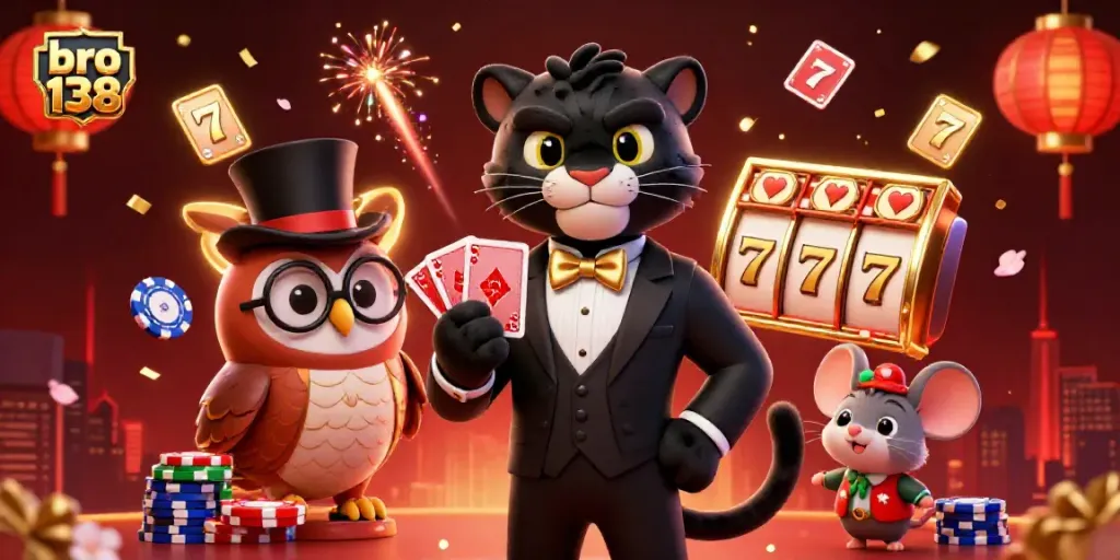 Play exciting casino games with bro 138 as a stylish panther deals cards surrounded by floating slot reels.