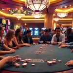Engaged players enjoying the thrilling atmosphere at DF999 casino table with vibrant slot machines.