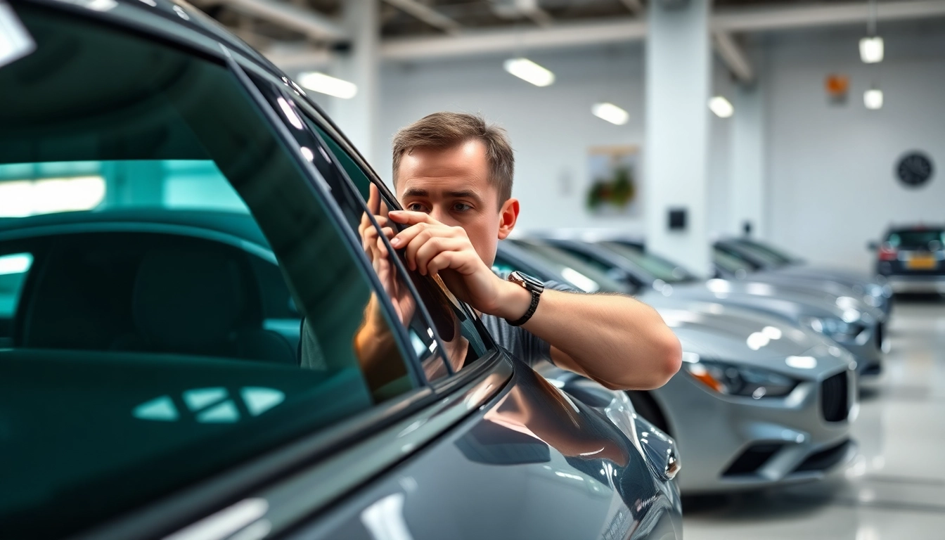 Enhance your ride with window tinting Cleveland TN, featuring expert application in a modern garage.