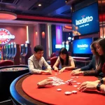 Players placing bets at a vibrant lazadatoto casino scene with dynamic gaming tables and slot machines.