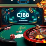 C168 casino experience with luxurious chips, cards, and roulette wheel in a vibrant online gaming atmosphere.