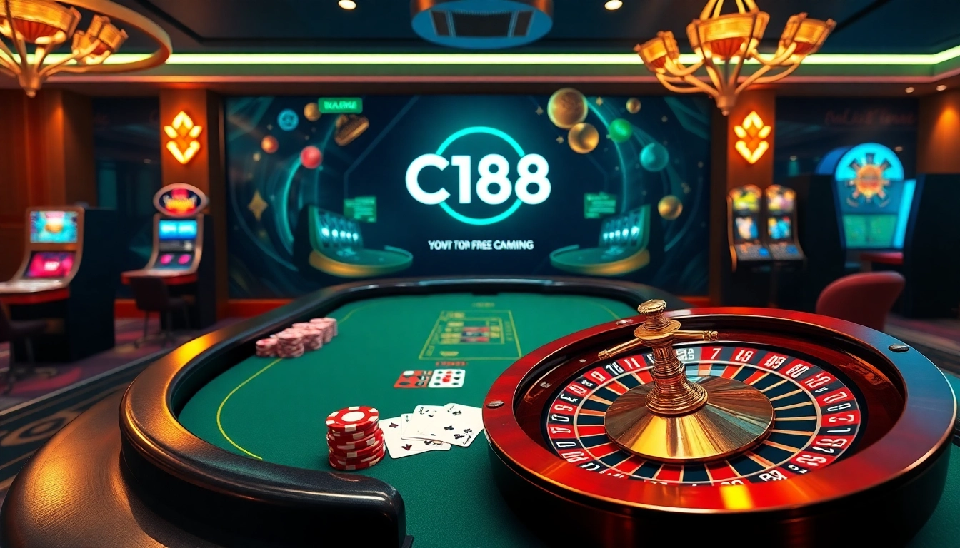 C168 casino experience with luxurious chips, cards, and roulette wheel in a vibrant online gaming atmosphere.
