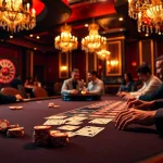 Engage with KJC's refined online gaming at the poker table featuring vibrant chips and cards.