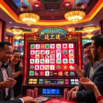 Pecinta sensasi bermain Mahjong Slot di kasino mewah, menampilkan kegembiraan dan antisipasi.