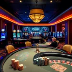 Experience thrilling gaming action in a chic SoDo casino environment with poker tables and vibrant slot machines.