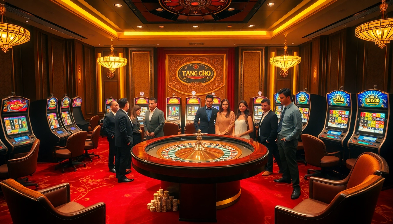 Players enjoy high-stakes excitement at TRANG CHỦ NOHU90 casino, featuring vibrant roulette tables and slot machines.