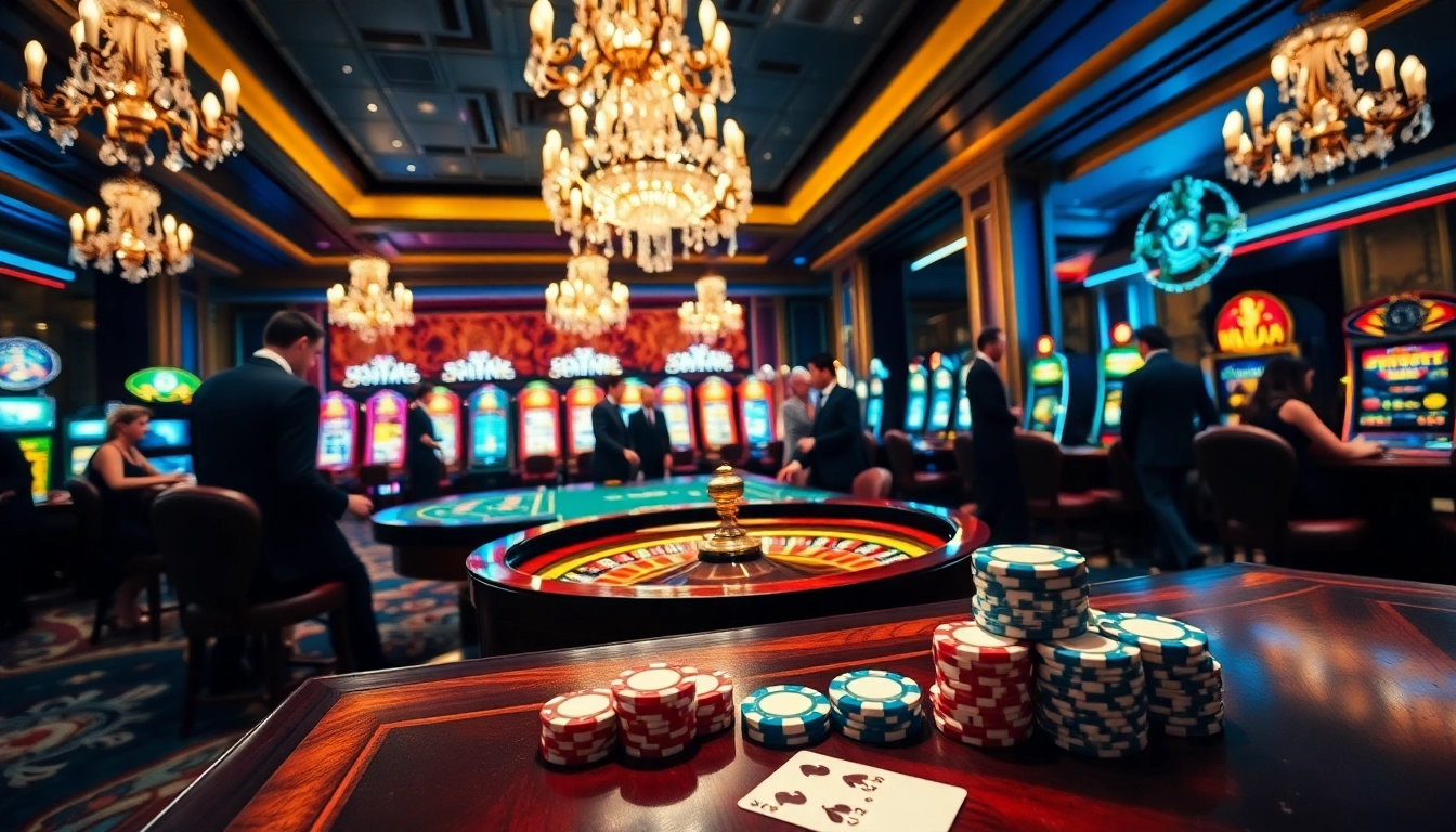 Experience excitement at ph365 casino with luxury gaming tables, chips, and slot machines.