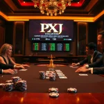Engaged players at a professional gambling table showcasing PXJ themed poker chips and cards.