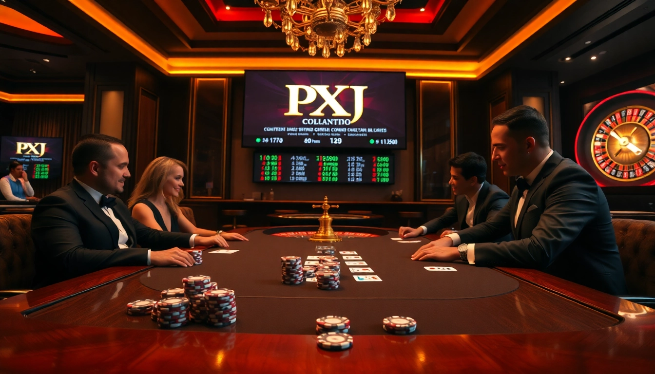 Engaged players at a professional gambling table showcasing PXJ themed poker chips and cards.