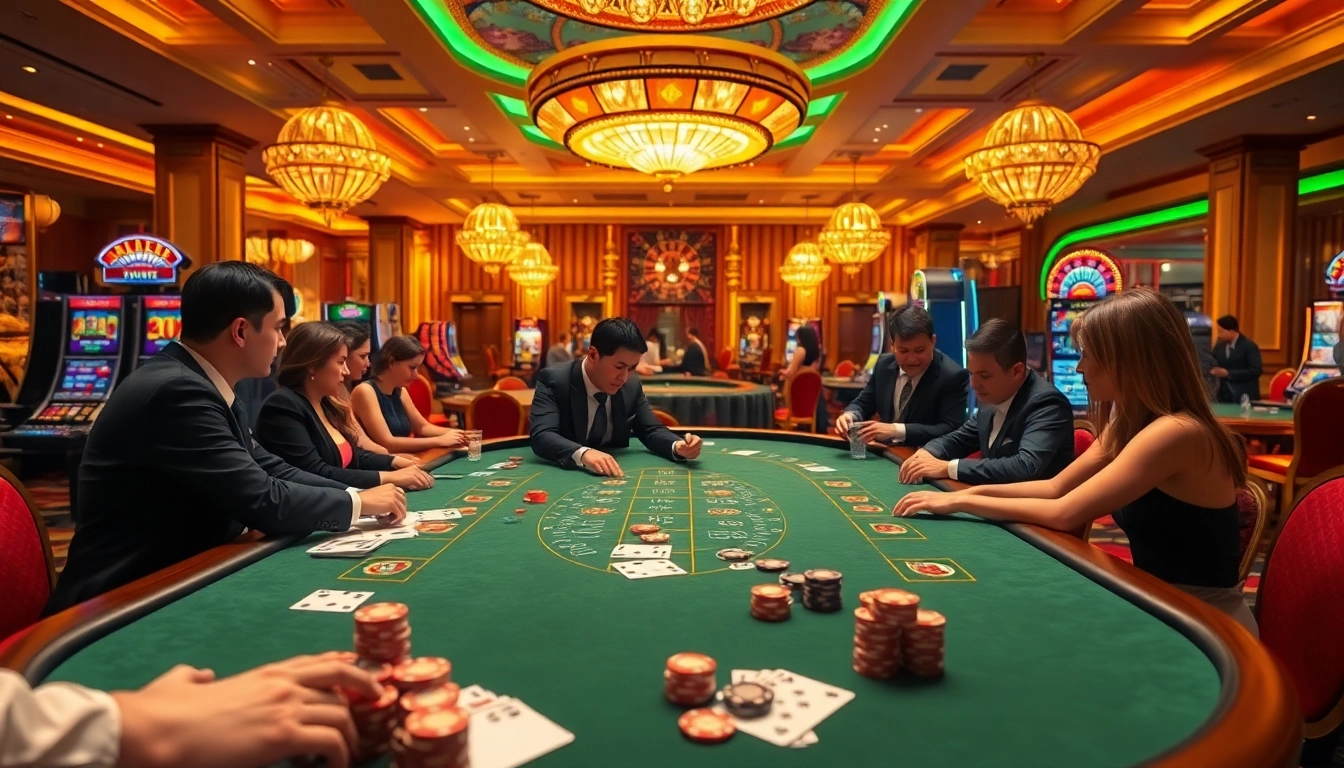 Gambling experience at nhà cái NK88 with players enjoying blackjack and vibrant casino decor.