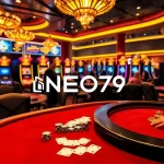 NEO79 casino scene with vibrant gaming tables, players, and colorful slot machines.