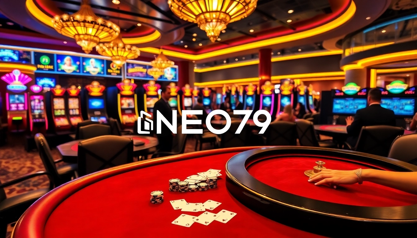 NEO79 casino scene with vibrant gaming tables, players, and colorful slot machines.