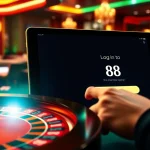 Log in to 88i from a modern tablet in an exciting casino environment with roulette and poker chips.