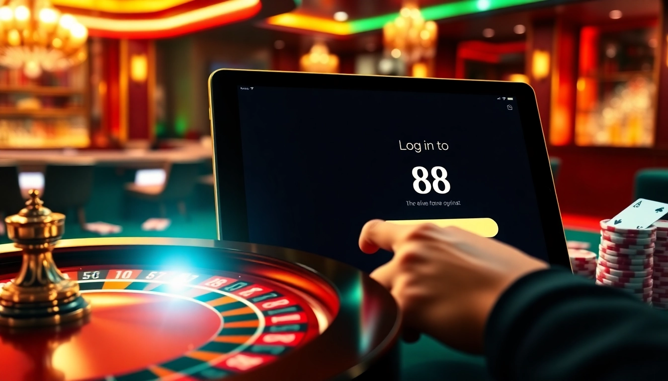 Log in to 88i from a modern tablet in an exciting casino environment with roulette and poker chips.