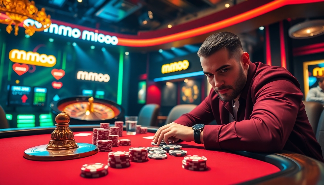 Experience the excitement of mmoo gaming at a vibrant casino table with high-stakes poker and roulette.