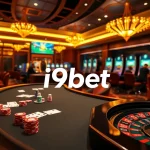 i9bet players engaging in a thrilling casino experience with vibrant slot machines and poker tables.