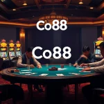 Players strategize at a Co88 poker table, immersed in a luxurious casino atmosphere.