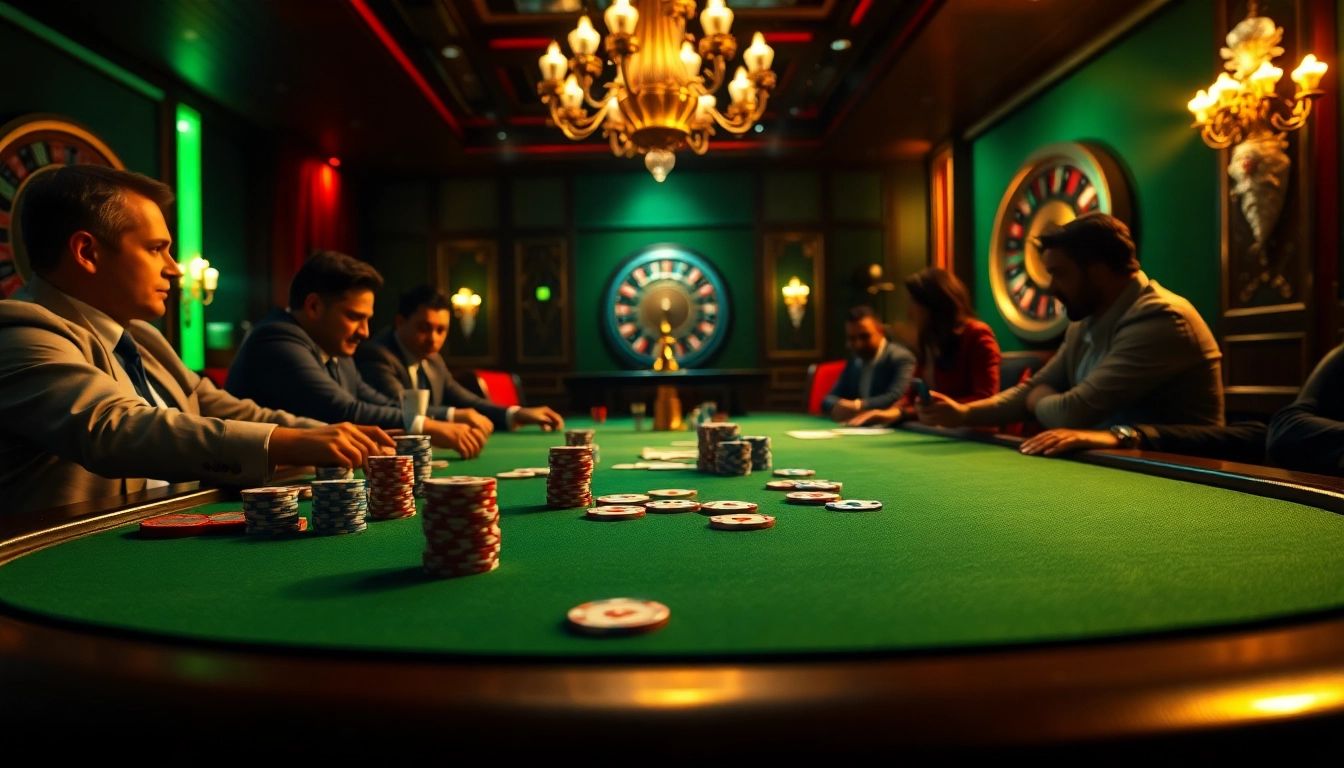 The hidden wiki reveals poker players strategizing at a luxurious casino table amidst a vibrant atmosphere.