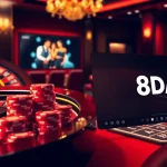 Experience the thrill of 8DAY casino with an elegant roulette table and vibrant poker chips.