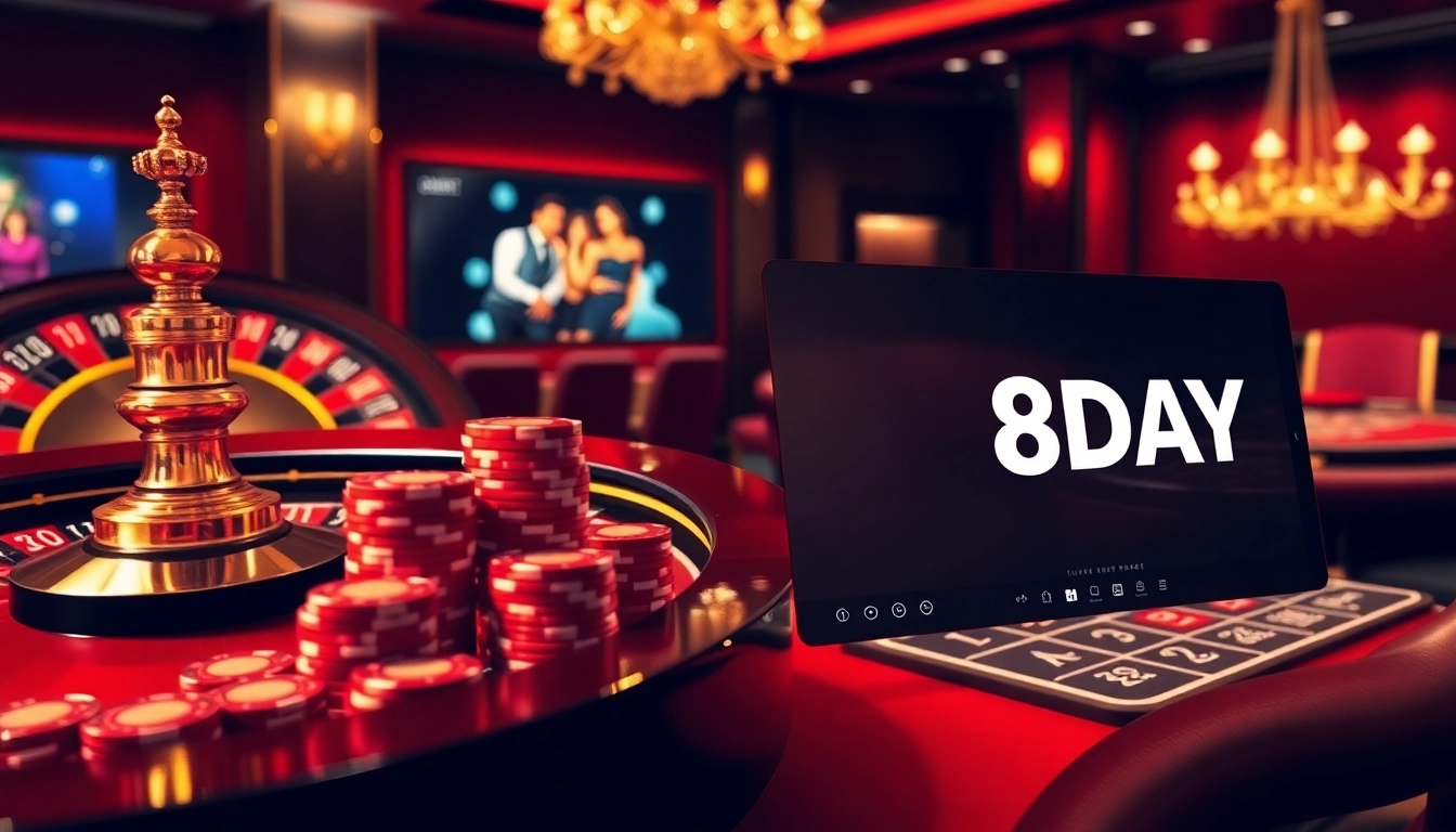 Experience the thrill of 8DAY casino with an elegant roulette table and vibrant poker chips.