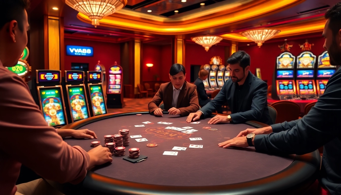VA88 casino players engaging in a thrilling game at an elegant poker table.