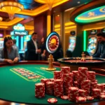 Go88 gaming table filled with vibrant poker chips and exciting slot machines for an electric gambling experience.